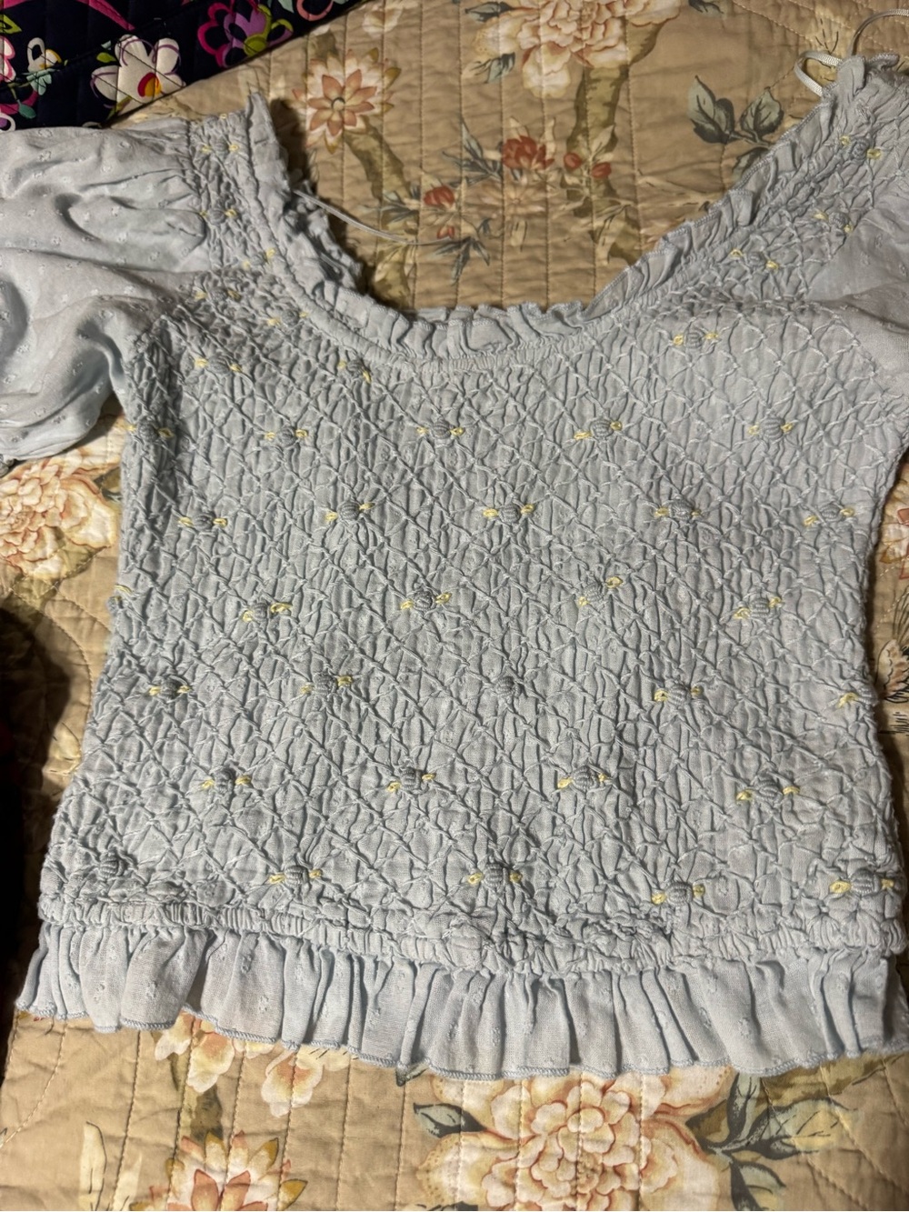Free People Light Blue Smocked Crop Top with Yellow Dots